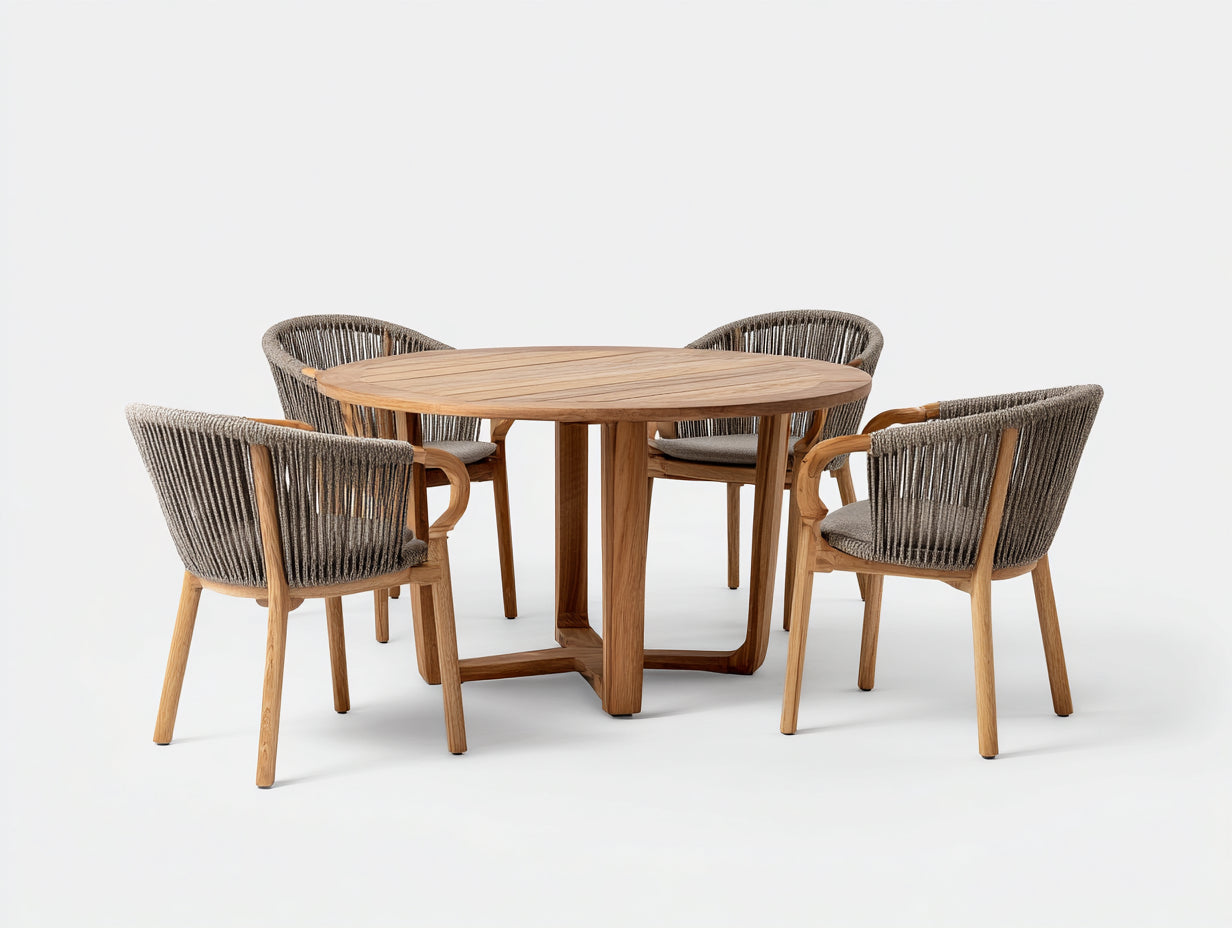 Set da pranzo da esterno - Legno-Corda-Tessuto - 120x120x75 cm - Naturale-Tortora - Moderno mediterraneo