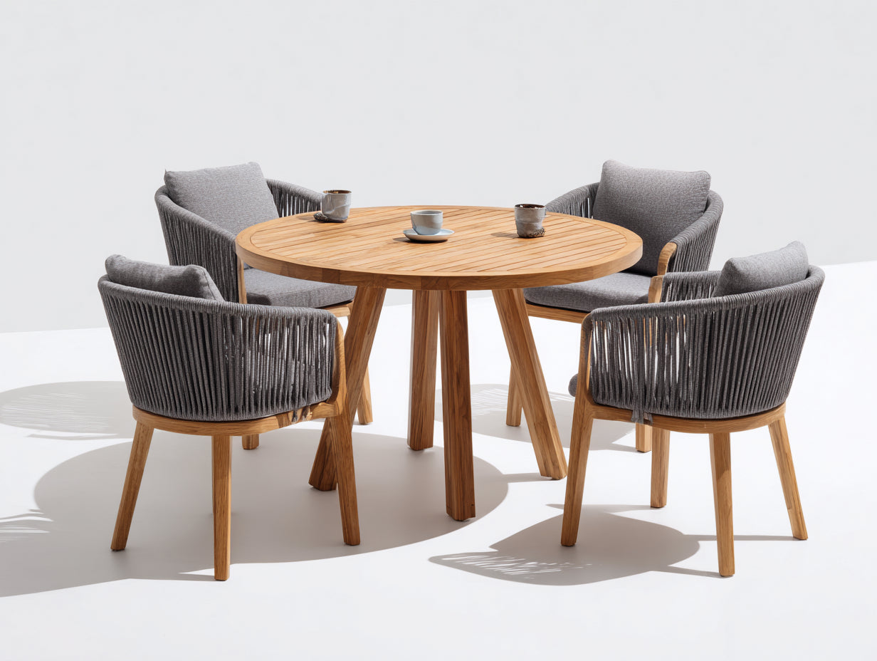 Set da pranzo da esterno - Legno-Corda-Tessuto - 125x125x75 cm - Naturale-Grigio scuro - Moderno da patio