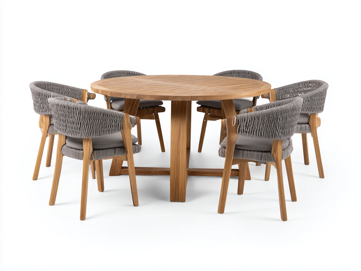 Set da pranzo da esterno - Legno-Corda-Tessuto - 150x150x75 cm - Naturale-Grigio chiaro - Moderno resort