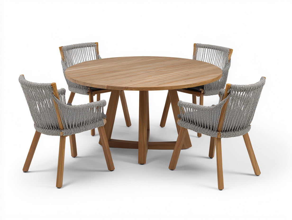 Set da pranzo da esterno - Legno-Corda-Tessuto - 145x145x75 cm - Naturale-Grigio - Moderno mediterraneo