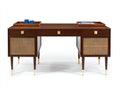 Scrivania - Legno-Rattan-Metallo - 150x60x79 cm - Marrone scuro-Naturale-Oro - Vintage