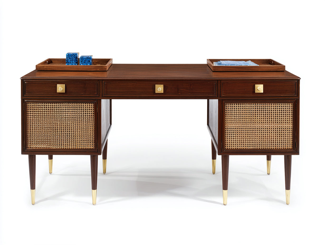 Scrivania - Legno-Rattan-Metallo - 150x60x79 cm - Marrone scuro-Naturale-Oro - Vintage