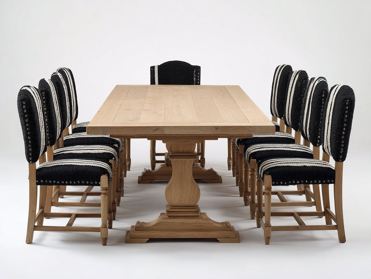 Set da pranzo - Legno-Tessuto - 220x100x76 cm - Rovere naturale-Nero-Avorio - Classico elegante