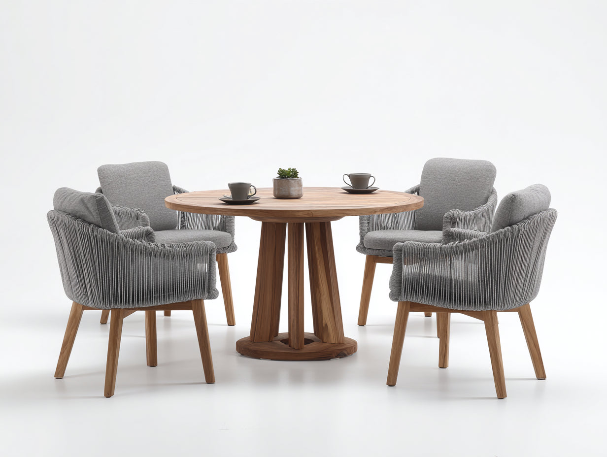 Set da pranzo da esterno - Legno-Corda-Tessuto - 110x110x74 cm - Naturale-Grigio chiaro - Lounge contemporaneo